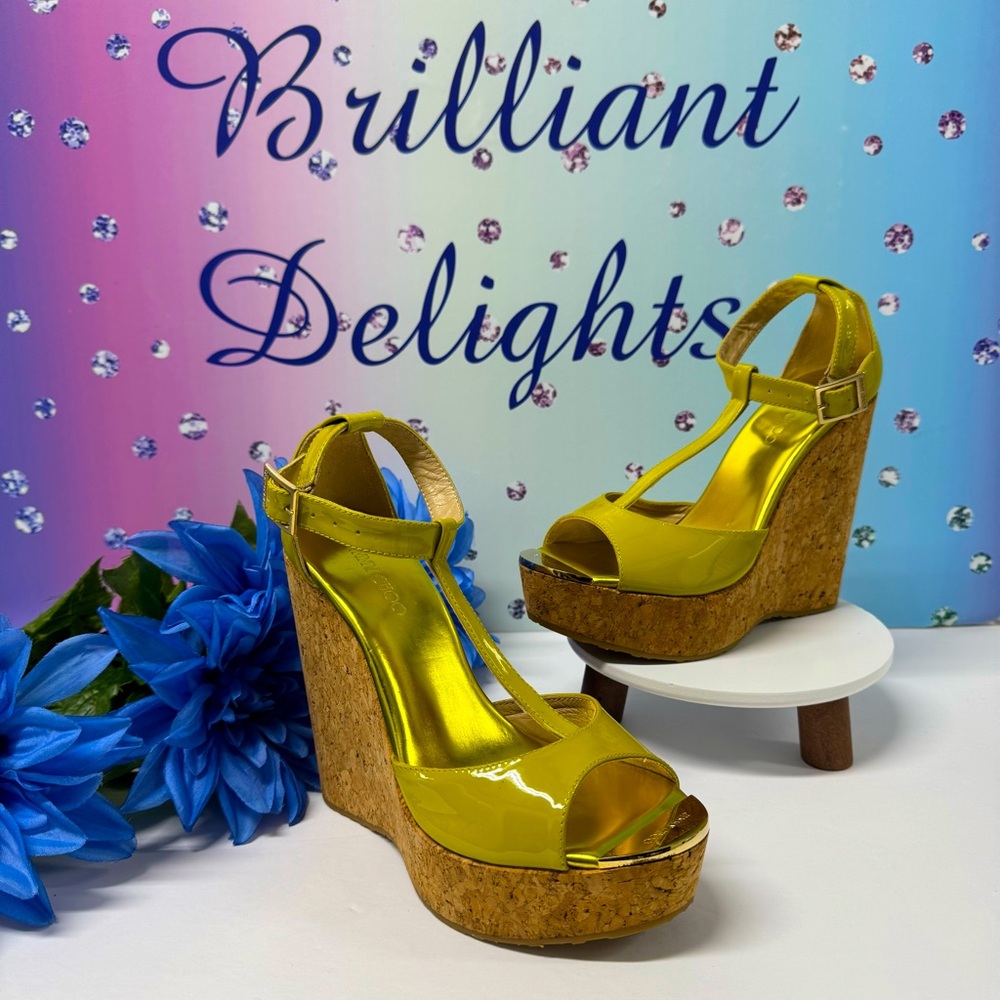 💚NEW JIMMY CHOO PANIA CORK PATENT WEDGE HEELS